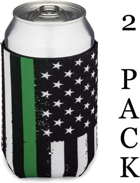 Thin Green Line Collapsible Beer Can and Bottle Beverage Cooler Sleeves - 2 Pack - Standard Size 12 oz - 3mm Thick Insulated Neoprene