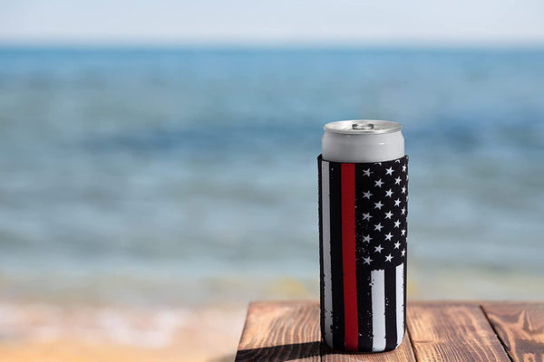 Thin Red Line Collapsible Beer and Seltzer Can Beverage Cooler Sleeves - 2 Pack - Tall Slim Size 12 oz - 3mm Thick Insulated Neoprene