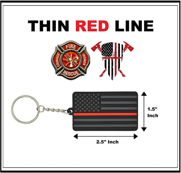 American Flag Keychain with Key Ring - Fireman Firefighter – Soft PVC Rubber - (Thin Red Line)