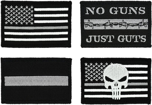 American Flag Patch 4-Pack Set, Embroidered, Hook and Loop (Thin Grey Line)