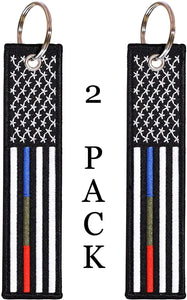 American Flag Keychain with Key Ring and Carabiner - Police, Military, Firefighters - (Thin Blue Green Red Line)