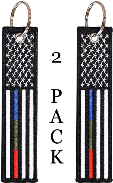 American Flag Keychain with Key Ring and Carabiner - Police, Military, Firefighters - (Thin Blue Green Red Line)